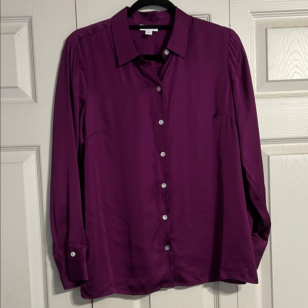 J Jill Womens Small Petite Satin Button Up Shirt Sugarbeet Magenta Blouse Top - Picture 2 of 7